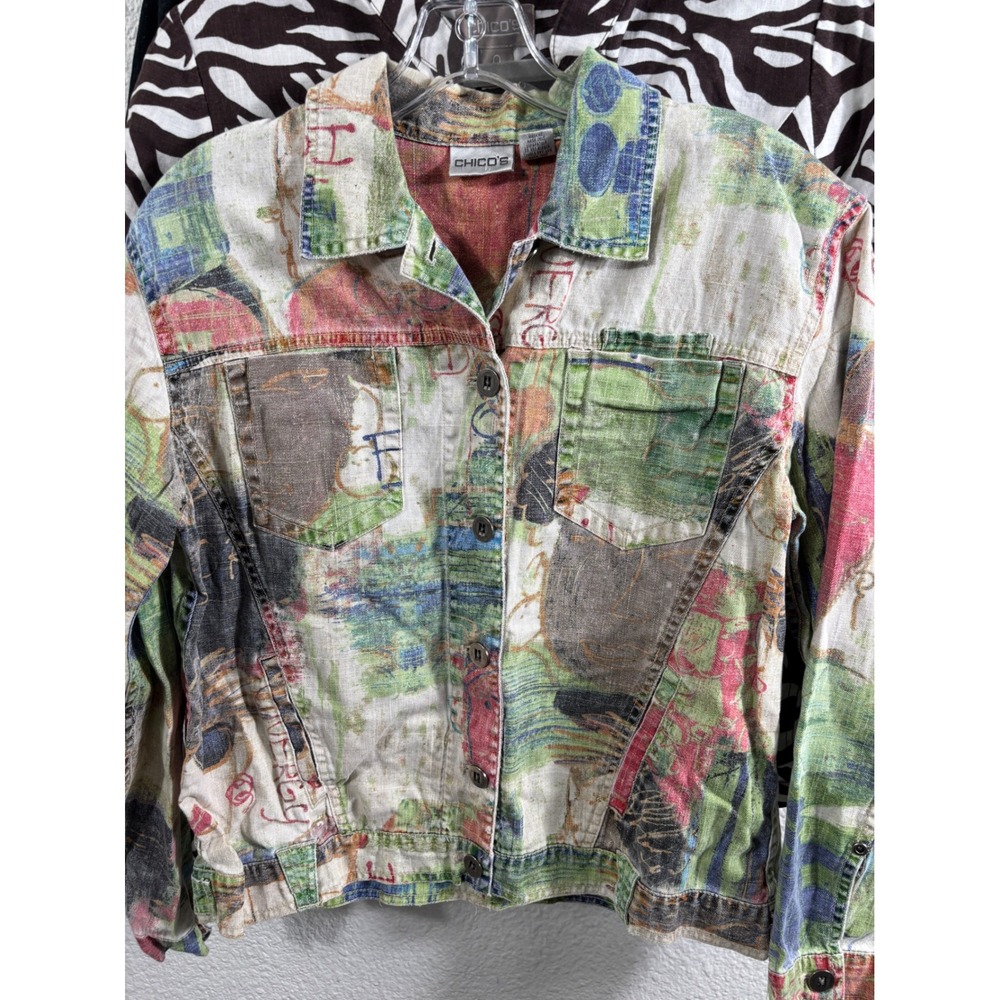 Chicos Lot of 3 Art to Wear Graffiti Face Denim Animal Print Jacket Size 0 - Picture 3 of 16